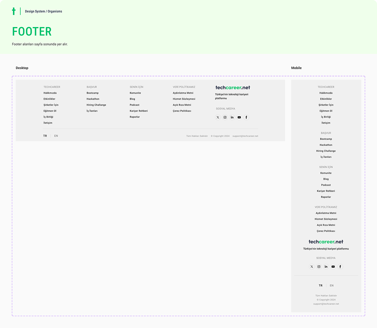 Footer organism in desktop and mobile layouts