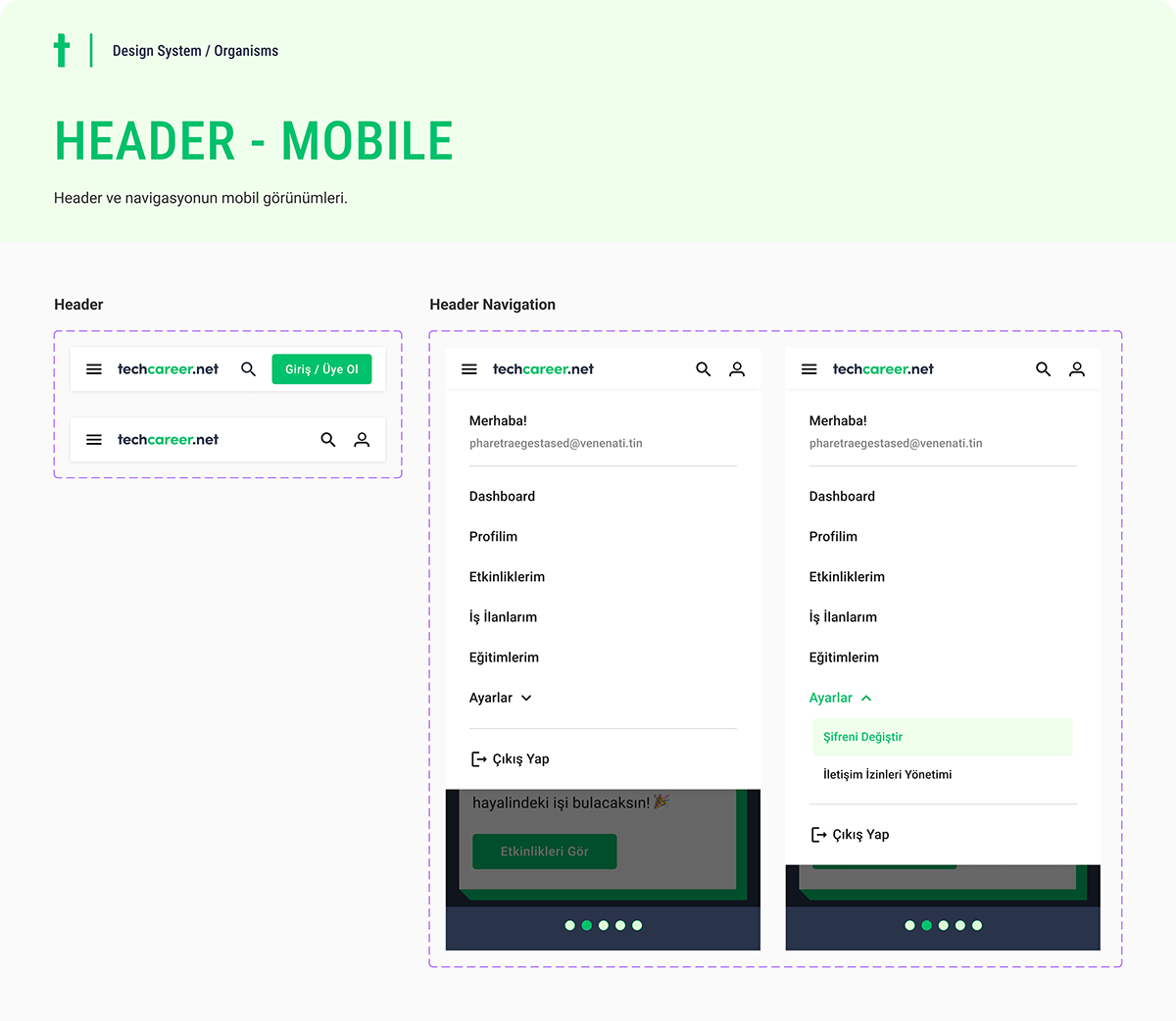 Mobile header organism with navigation states