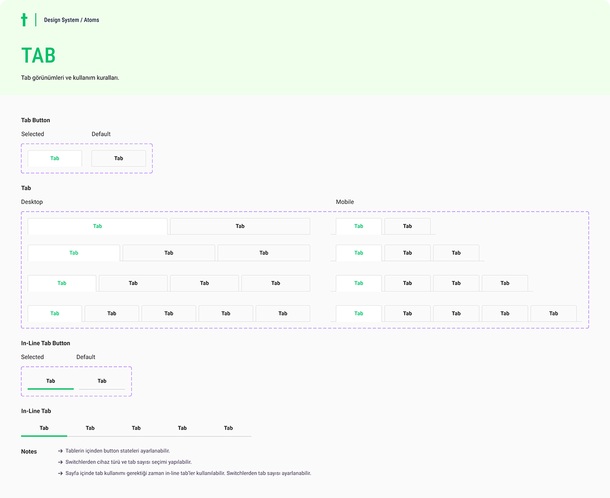 Tab component with selected and default states across desktop, mobile, and tablet