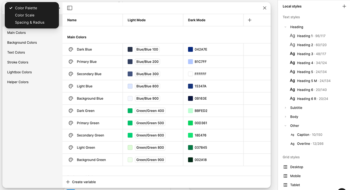 Figma local variables panel showing paired light-mode and dark-mode values per token
