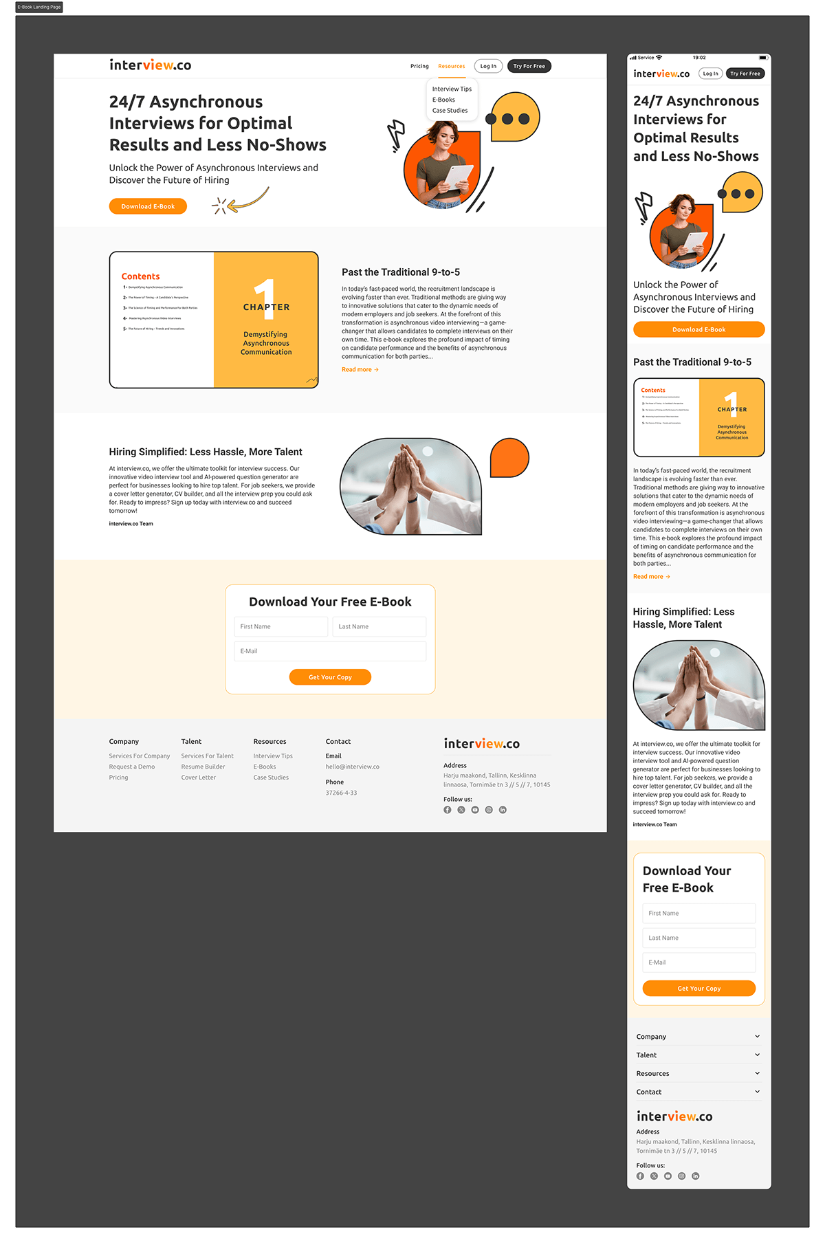 interview.co e-book landing page in desktop and mobile versions with contents preview and download form