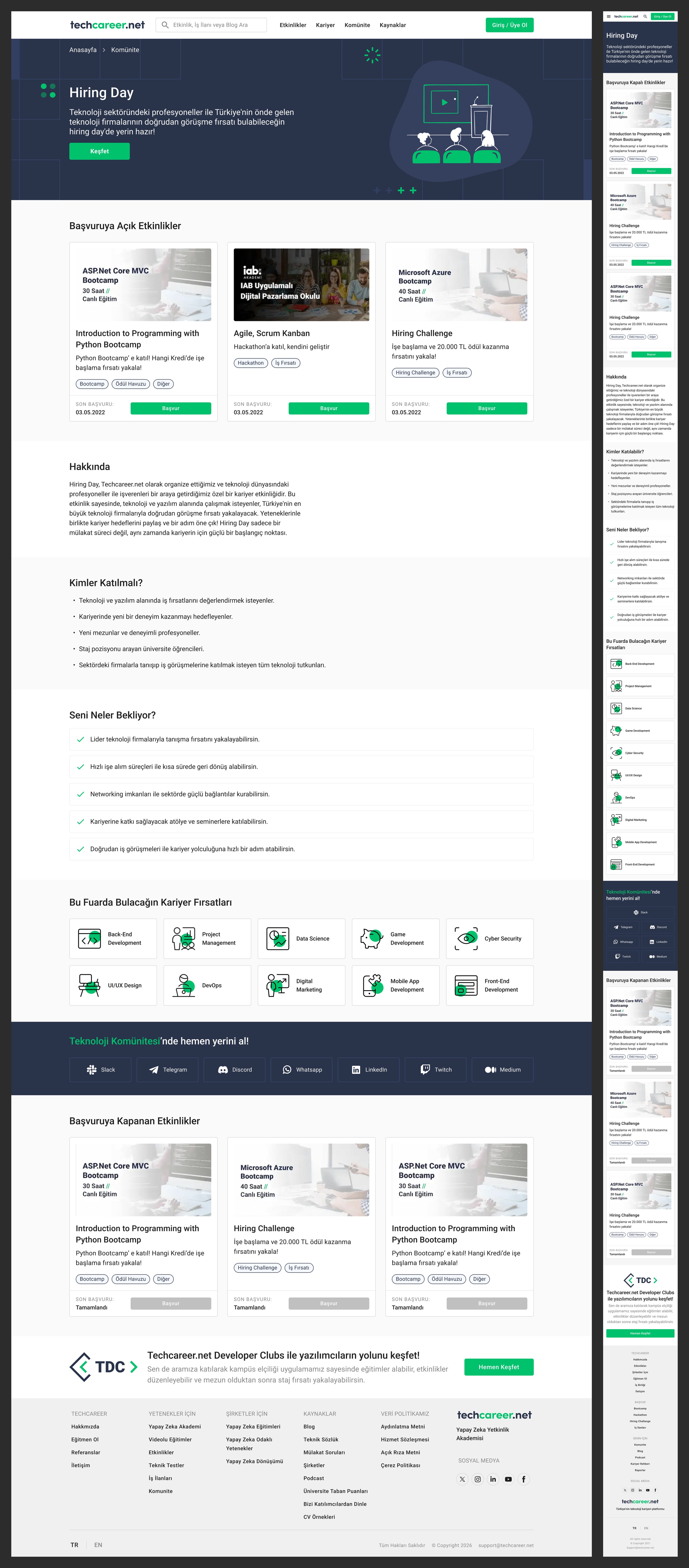 Hiring Day landing page in desktop and mobile: hero, open events with application cards, who-can-join and what-to-expect sections, and closed past events