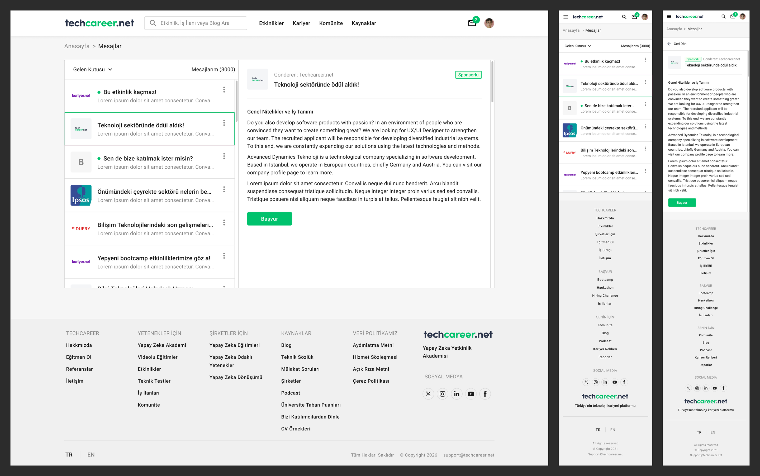 Messages inbox in desktop with conversation list and reading pane, plus mobile list and detail screens