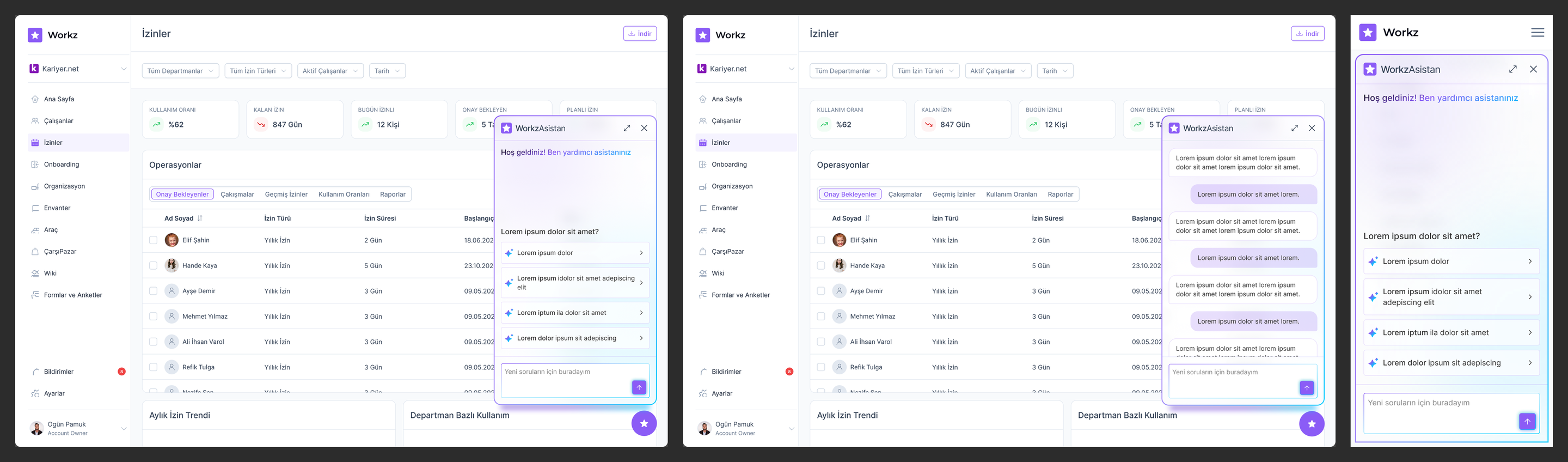 Workz chatbot: closed and open conversation states as a panel over the leave dashboard, plus the full-screen mobile chat