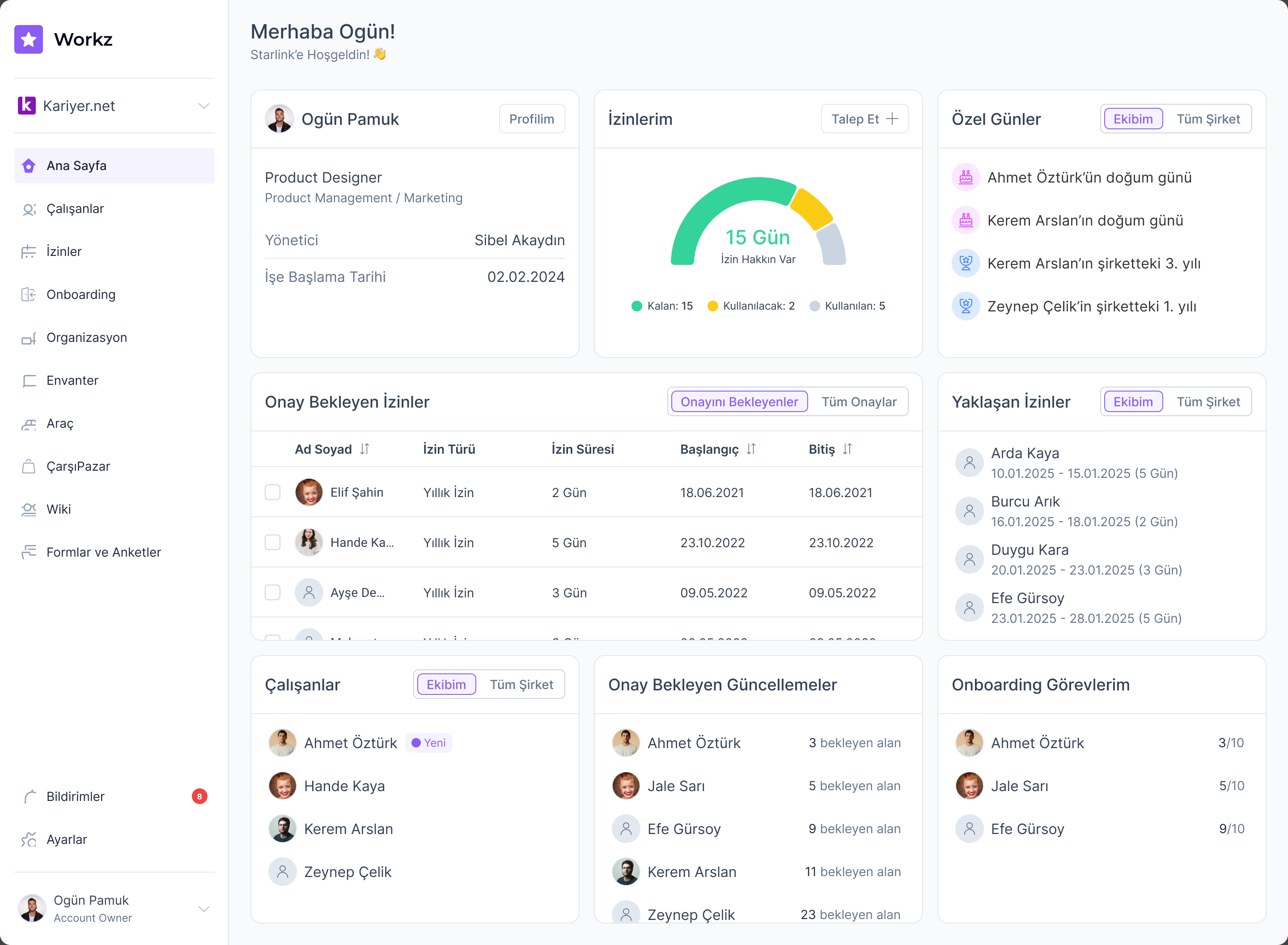 Workz home dashboard with leave balance, approvals, and team events
