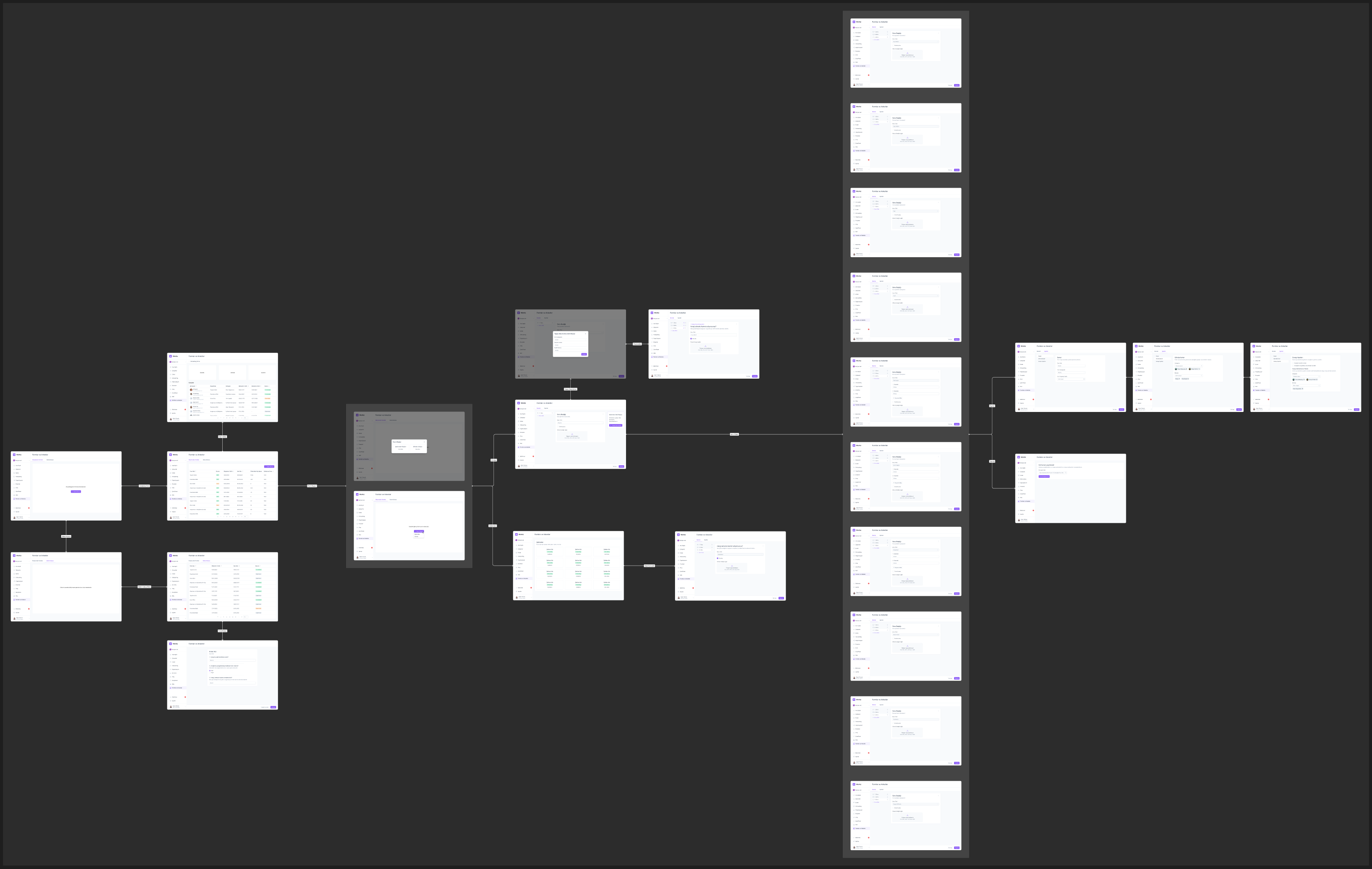 Zoomed-out wireflow of the forms and surveys module showing dozens of connected screens, dialogs, and decision branches