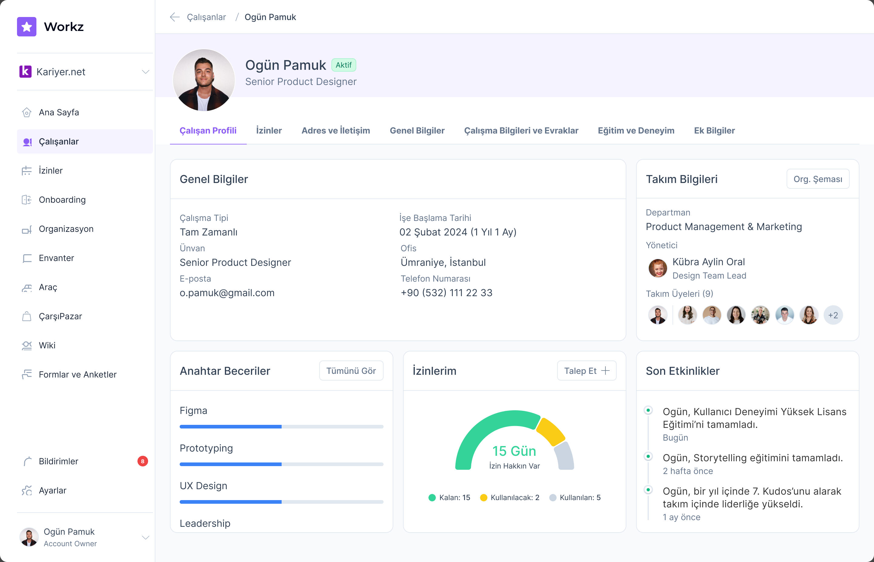 Employee profile dashboard with personal summary and tabbed sections for details, documents, and leave